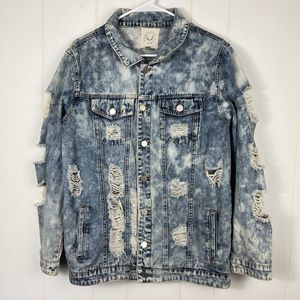 Fantastic Fawn Women Denim Trucker Jacket Medium Blue Holes Destroyed Distressed